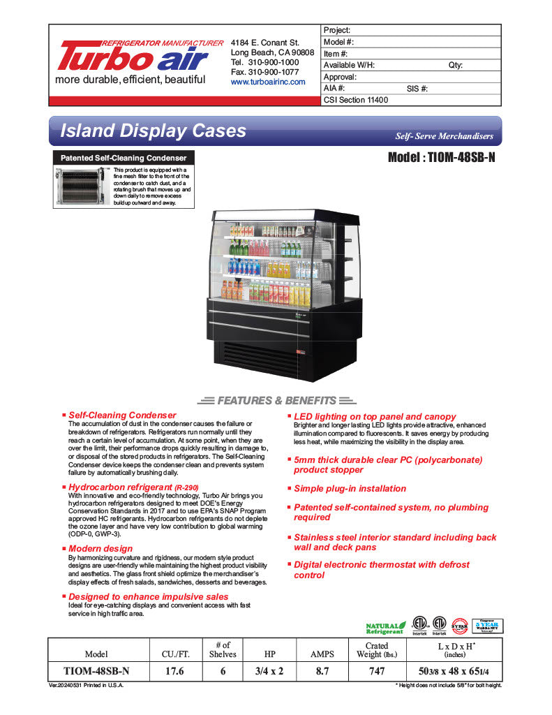 Turbo Air TIOM-48SB-N 50 3/8" Black Vertical Island Open Air Cooler with (4) Levels, 220v/1ph - Donut-Equipment.com