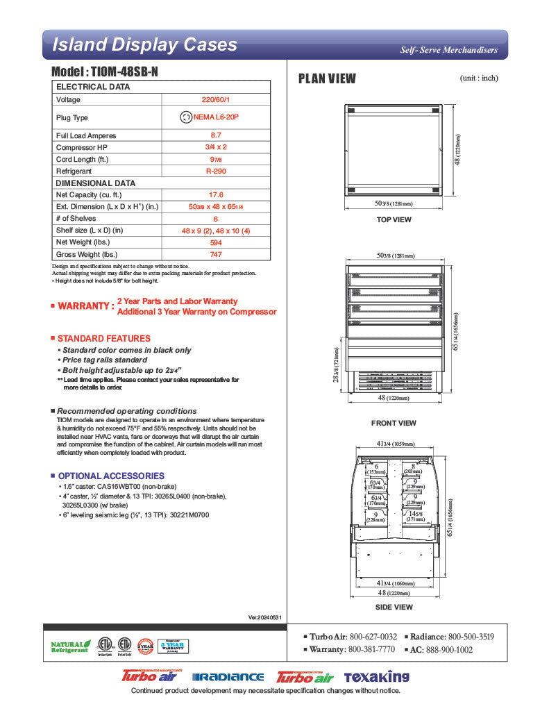 Turbo Air TIOM-48SB-N 50 3/8" Black Vertical Island Open Air Cooler with (4) Levels, 220v/1ph - Donut-Equipment.com