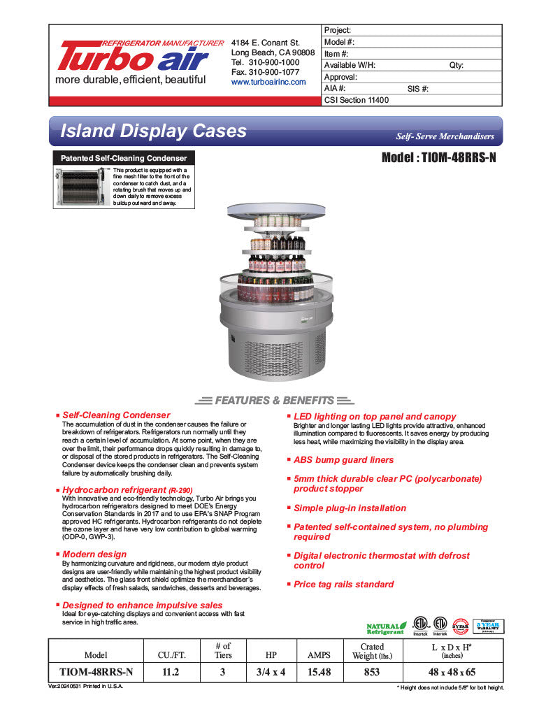 Turbo Air TIOM-48RRS-N 48" Stainless Steel Vertical Round Island Open Air Cooler with (3) Levels, 220v/1ph - Donut-Equipment.com