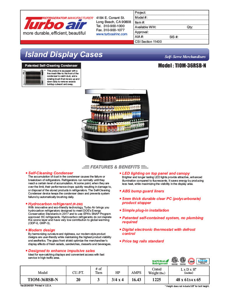 Turbo Air TIOM-36RSB-N 48" Black Horizontal Island Open Air Cooler with (4) Levels, 220v/1ph - Donut-Equipment.com