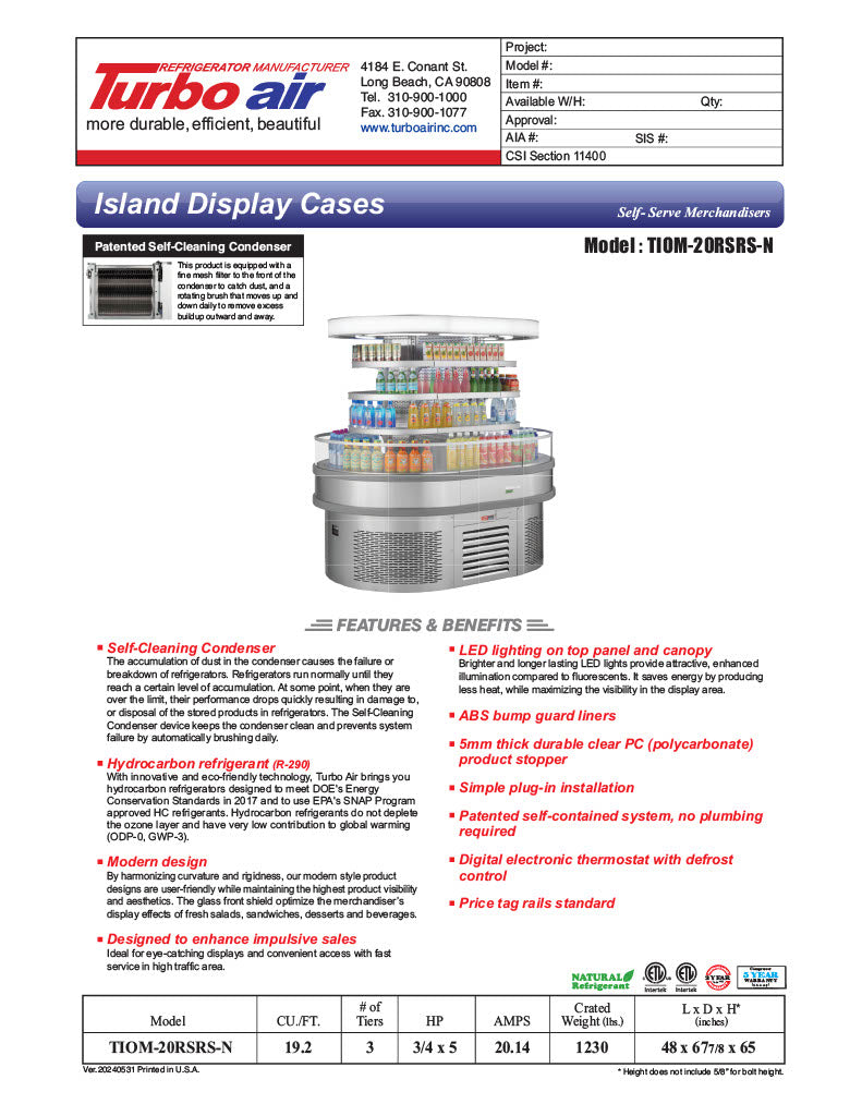 Turbo Air TIOM-20RSRS-N 48" Stainless Steel Vertical Island Open Air Cooler with (4) Levels, 220v/1ph - Donut-Equipment.com