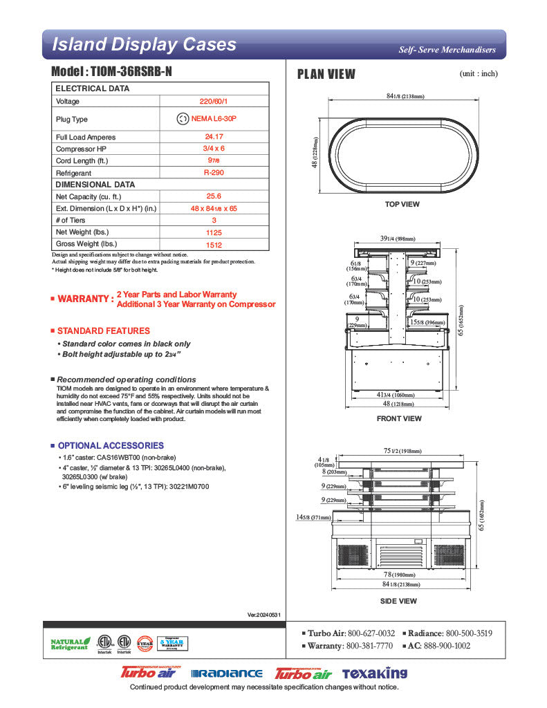 Turbo Air TIOM-36RSRB-N 48" Black Horizontal Island Open Air Cooler with (4) Levels, 220v/1ph - Donut-Equipment.com