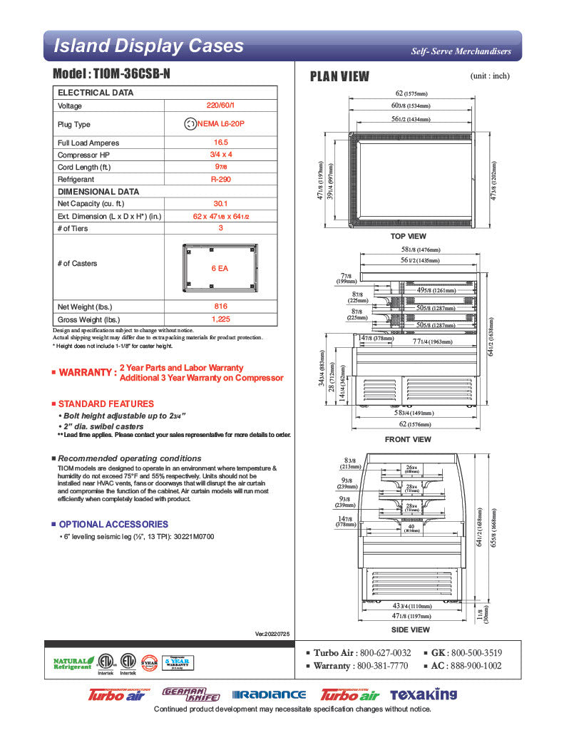 Turbo Air TIOM-36CSB-N 36" Square Island Open Air Cooler w/ (4) Display Shelves, Black Exterior, 220v - Donut-Equipment.com