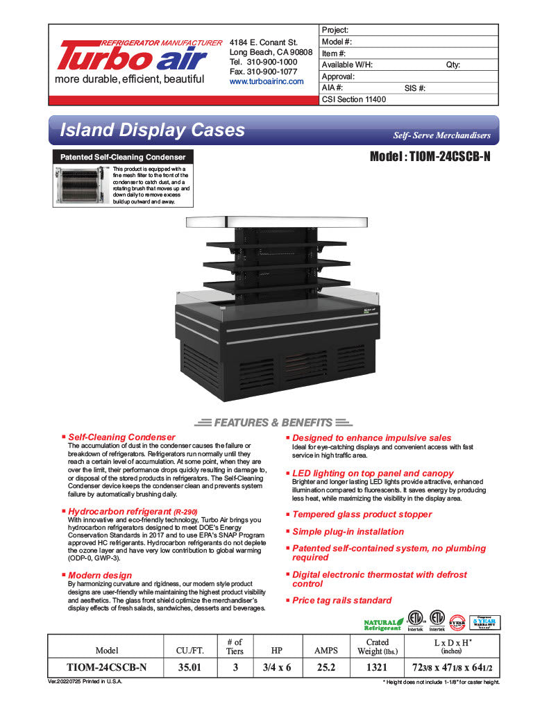 Turbo Air TIOM-24CSCB-N 72" Square Glass Island Open Air Merchandiser, 24 Cu. Ft., Self-Serve, Black, 220v - Donut-Equipment.com