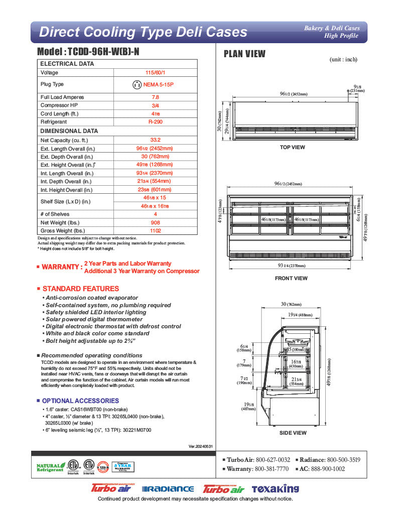 Turbo Air TCDD-96H-B-N 96-1/2" Curved Glass Full-Service Deli Display Case, 3 Levels, Black Exterior, 115v - Donut-Equipment.com