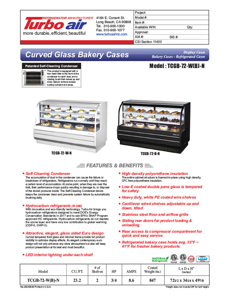 Turbo Air TCGB-72-B-N 72-1/2" Curved Glass Full-Service Refrigerated Bakery Display Case, 3 Levels, Black Exterior, 115v - Donut-Equipment.com
