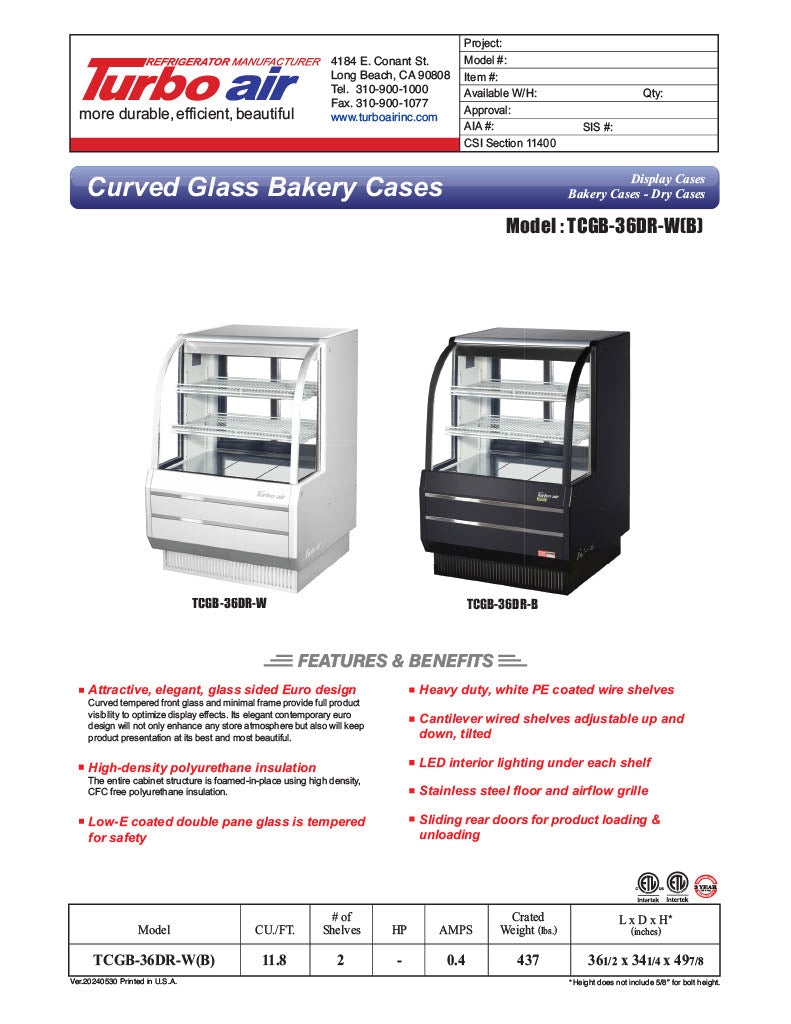 Turbo Air TCGB-36DR-B 36-1/2" Curved Glass Full-Service Dry Bakery Display Case, 3 Levels, Black Exterior, 115v - Donut-Equipment.com