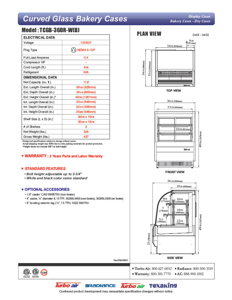 Turbo Air TCGB-36DR-B 36-1/2" Curved Glass Full-Service Dry Bakery Display Case, 3 Levels, Black Exterior, 115v - Donut-Equipment.com