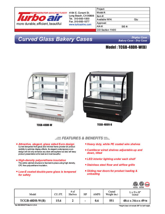 Turbo Air TCGB-48DR-B 48-1/2" Curved Glass Full-Service Dry Bakery Display Case, 3 Levels, Black Exterior, 115v - Donut-Equipment.com