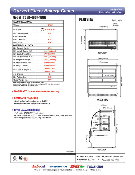 Turbo Air TCGB-48DR-B 48-1/2" Curved Glass Full-Service Dry Bakery Display Case, 3 Levels, Black Exterior, 115v - Donut-Equipment.com