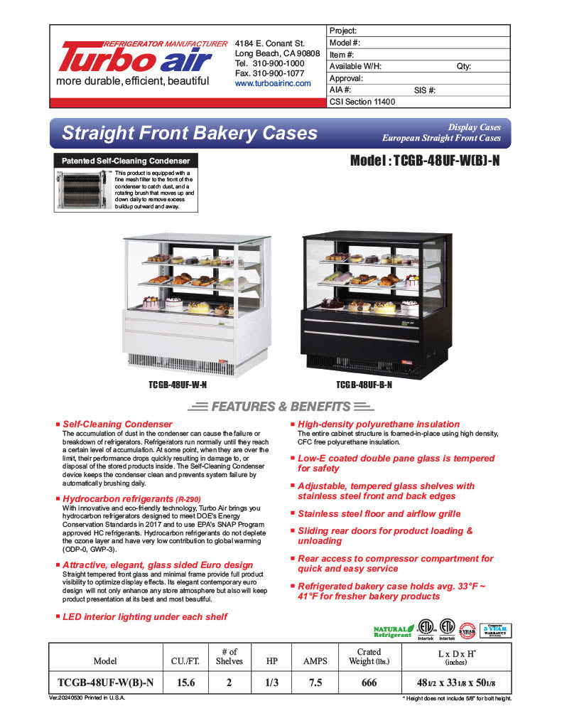 Turbo Air TCGB-48UF-B-N 48-1/2" Refrigerated Straight Glass Full-Service Bakery Display Case, 3 Levels, Black Exterior, 115v - Donut-Equipment.com