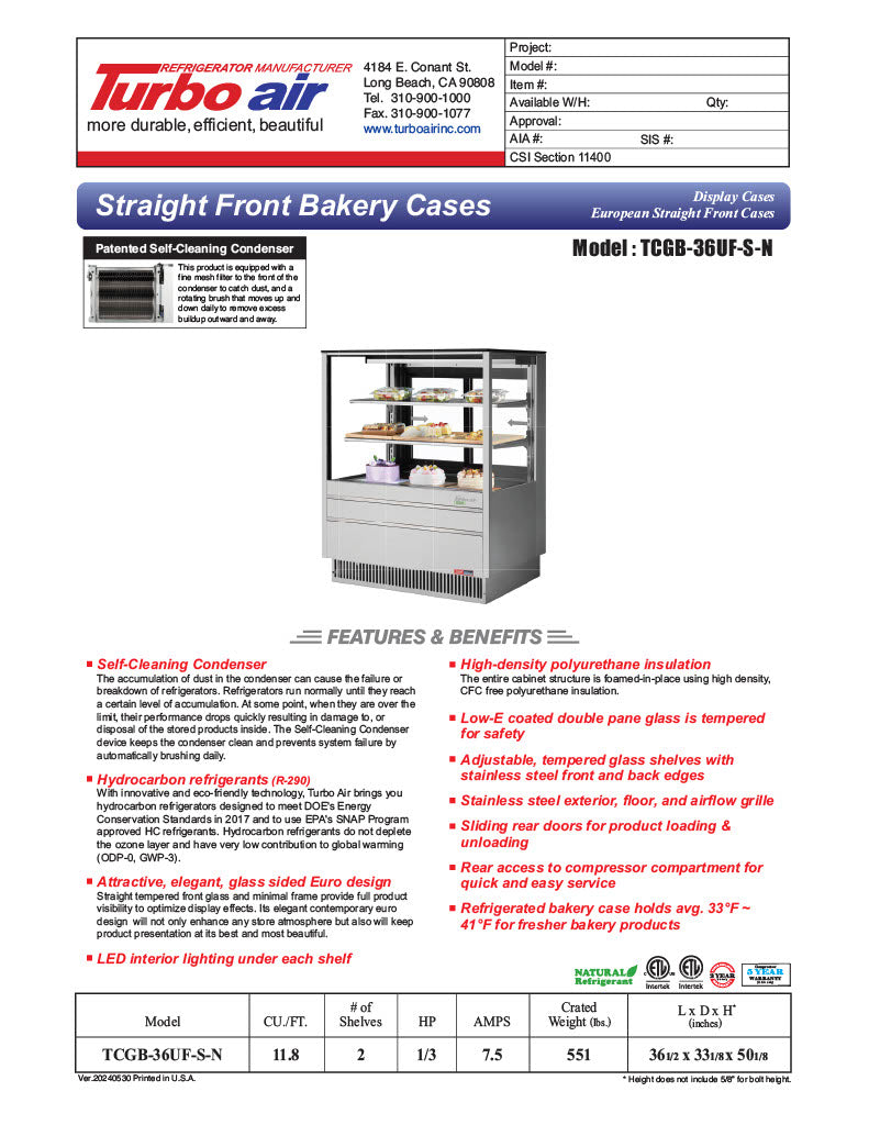 Turbo Air TCGB-36UF-S-N 36-1/2" Refrigerated Straight Glass Full-Service Bakery Display Case, 3 Levels, Stainless Steel Exterior, 115v - Donut-Equipment.com