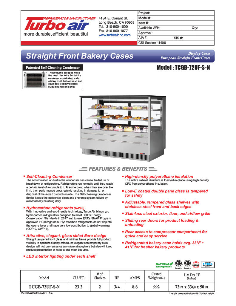 Turbo Air TCGB-72UF-S-N 72-1/2" Refrigerated Straight Glass Full-Service Bakery Display Case, 3 Levels, Stainless Steel Exterior, 115v - Donut-Equipment.com