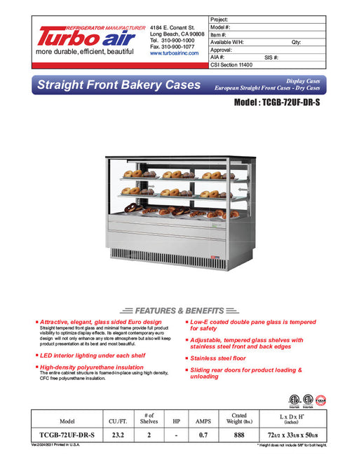 Turbo Air TCGB-72UF-DR-S 72" Straight Glass Full-Service Dry Bakery Display Case, 3 Levels, Stainless Steel Exterior, 115v - Donut-Equipment.com