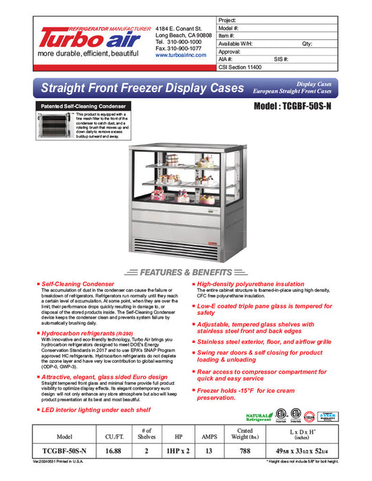 Turbo Air TCGBF-50S-N 49-5/8" Straight Glass Full-Service Freezer Bakery Display Case, 3 Levels, Stainless Steel Exterior, 220v/1ph - Donut-Equipment.com