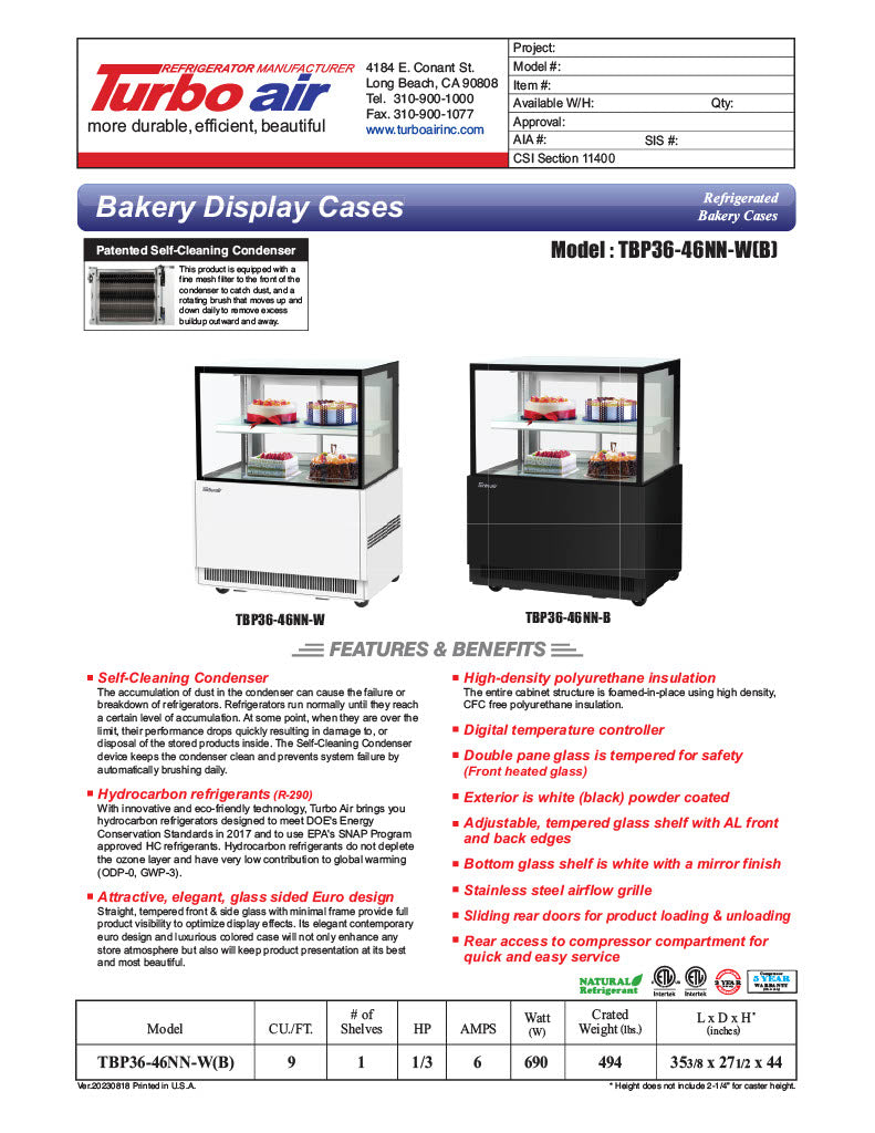 Turbo Air TBP36-46NN-B 35-3/8" Refrigerated Straight Glass Full-Service Bakery Display Case, 2 Levels, Black Exterior, 115v - Donut-Equipment.com