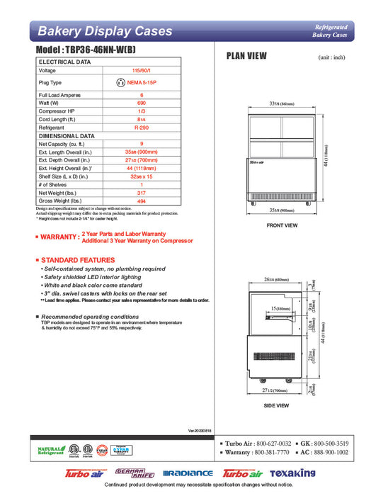 Turbo Air TBP36-46NN-B 35-3/8" Refrigerated Straight Glass Full-Service Bakery Display Case, 2 Levels, Black Exterior, 115v - Donut-Equipment.com