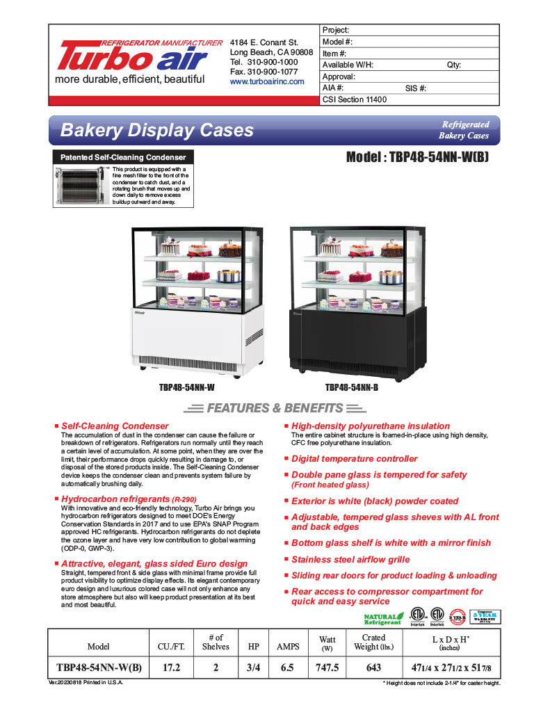 Turbo Air TBP48-54NN-B 47" Straight Glass Full-Service Refrigerated Bakery Display Case, 3 Levels, Black Exterior, 115v - Donut-Equipment.com