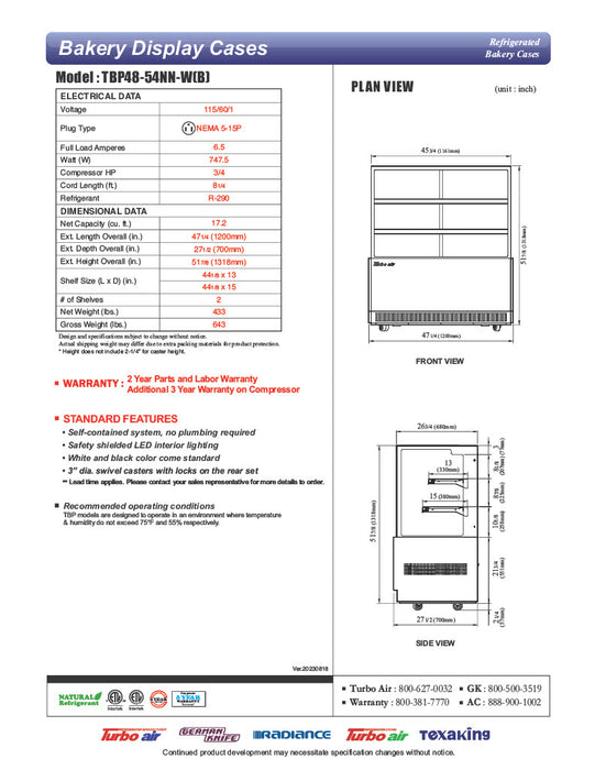 Turbo Air TBP48-54NN-B 47" Straight Glass Full-Service Refrigerated Bakery Display Case, 3 Levels, Black Exterior, 115v - Donut-Equipment.com