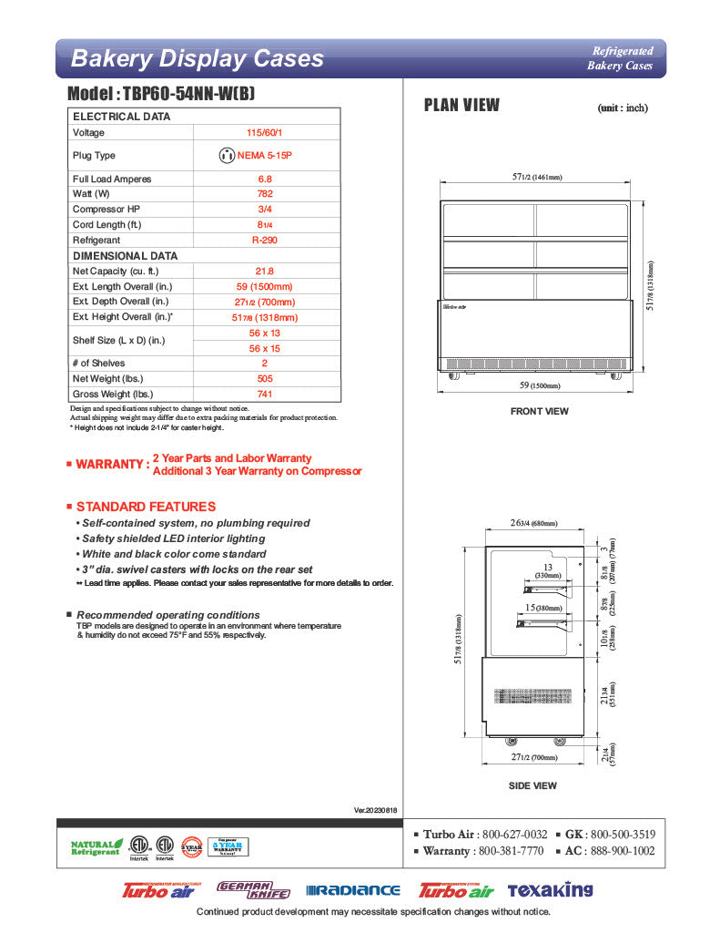 Turbo Air TBP60-54NN-B 59" Straight Glass Full-Service Bakery Display Case, 3 Levels, Black Exterior, 115v - Donut-Equipment.com