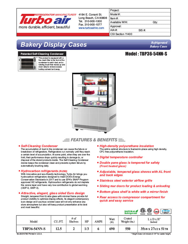 Turbo Air TBP36-54NN-S 35-3/8" Straight Glass Full-Service Bakery Display Case, 3 Levels, Stainless Steel Exterior, 115v          Ask ChatGPT - Donut-Equipment.com
