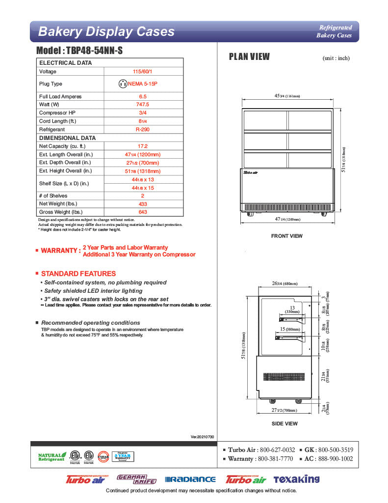 Turbo Air TBP48-54NN-S 47-1/4" Straight Glass Full-Service Bakery Display Case, 3 Levels, Stainless Steel Exterior, 115v - Donut-Equipment.com