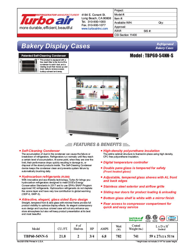 Turbo Air TBP60-54NN-S 59" Straight Glass Full-Service Bakery Display Case, 3 Levels, Stainless Steel Exterior, 115v - Donut-Equipment.com