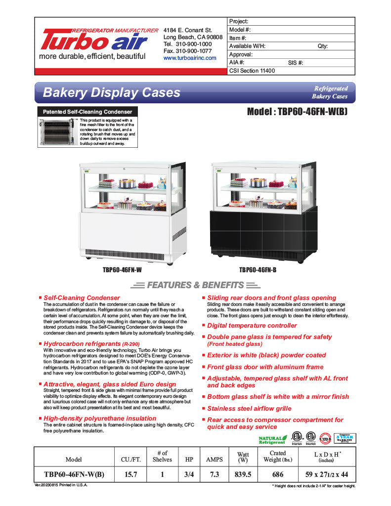 Turbo Air TBP60-46FN-B 59" Straight Glass Refrigerated Bakery Display Case, 2 Levels, Black Exterior, Lift-Up Front Glass, 115v - Donut-Equipment.com