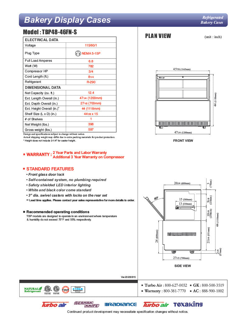 Turbo Air TBP48-46FN-S 47 1/4" Straight Glass Refrigerated Bakery Display Case, 2 Levels, Stainless Steel, 115v - Donut-Equipment.com