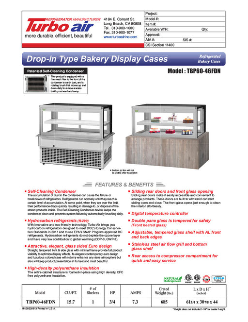 Turbo Air TBP60-46FDN 61-3/4" Refrigerated Bakery Display Case w/ Straight Glass - (2) Levels, 115v, Stainless Steel - Donut-Equipment.com
