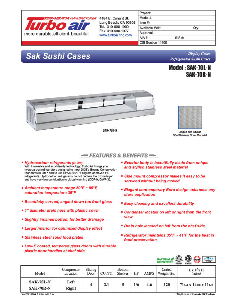 Turbo Air SAK70R-N 70" Stainless Steel Curved Glass Refrigerated Sushi Case - Right Side Compressor - Donut-Equipment.com