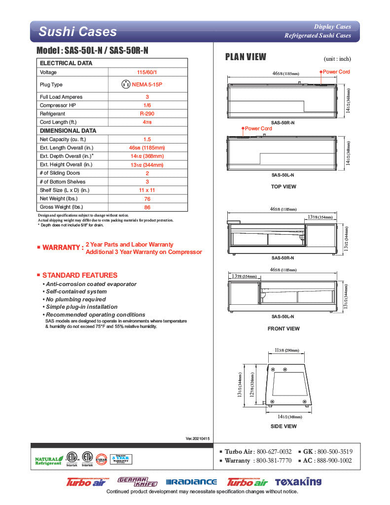 Turbo Air SAS-50L-N 50" Straight Glass Refrigerated Display/Sushi Case - Left Side Compressor - Donut-Equipment.com