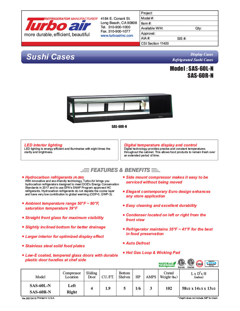 Turbo Air SAS-60R-N 60" Straight Glass Refrigerated Food/Sushi Case - Right Side Compressor - Donut-Equipment.com