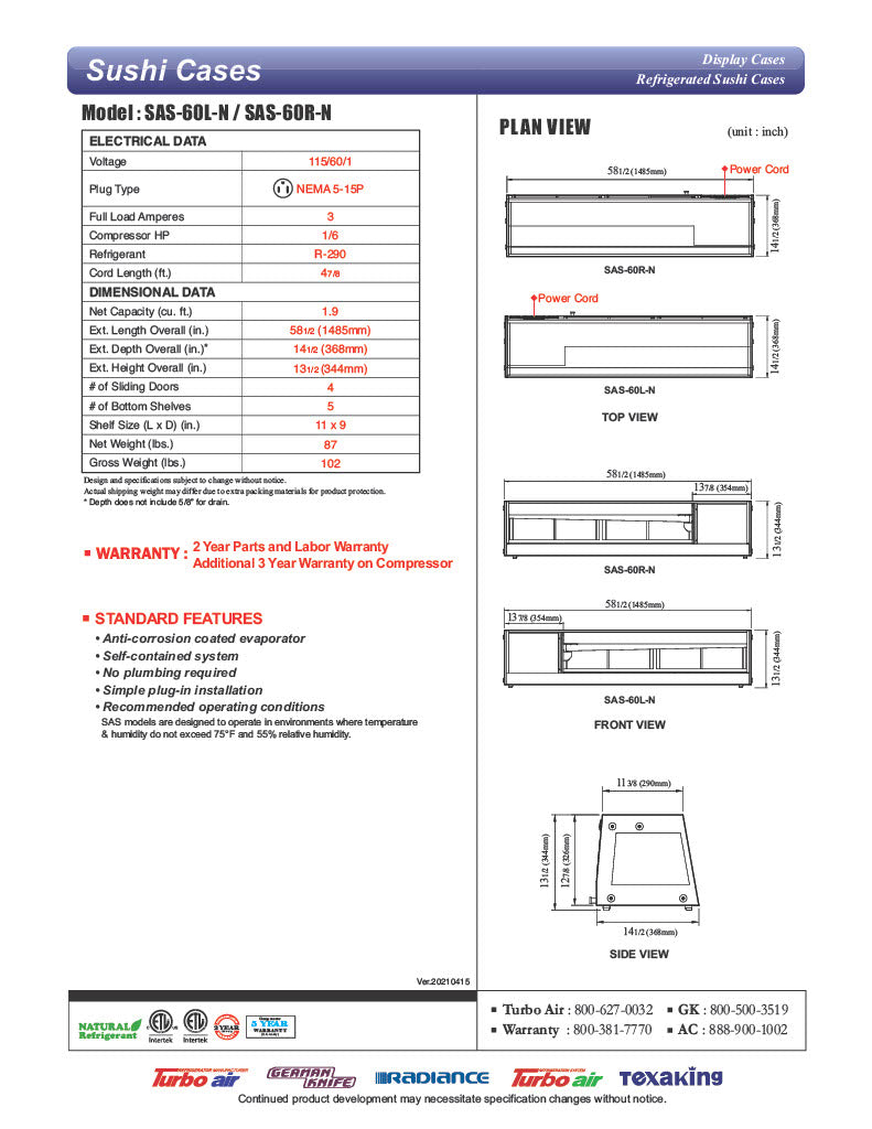Turbo Air SAS-60L-N 60" Straight Glass Refrigerated Food/Sushi Case - Left Side Compressor - Donut-Equipment.com
