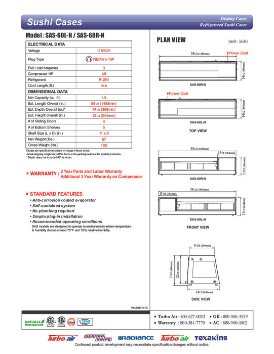 Turbo Air SAS-60L-N 60" Straight Glass Refrigerated Food/Sushi Case - Left Side Compressor - Donut-Equipment.com