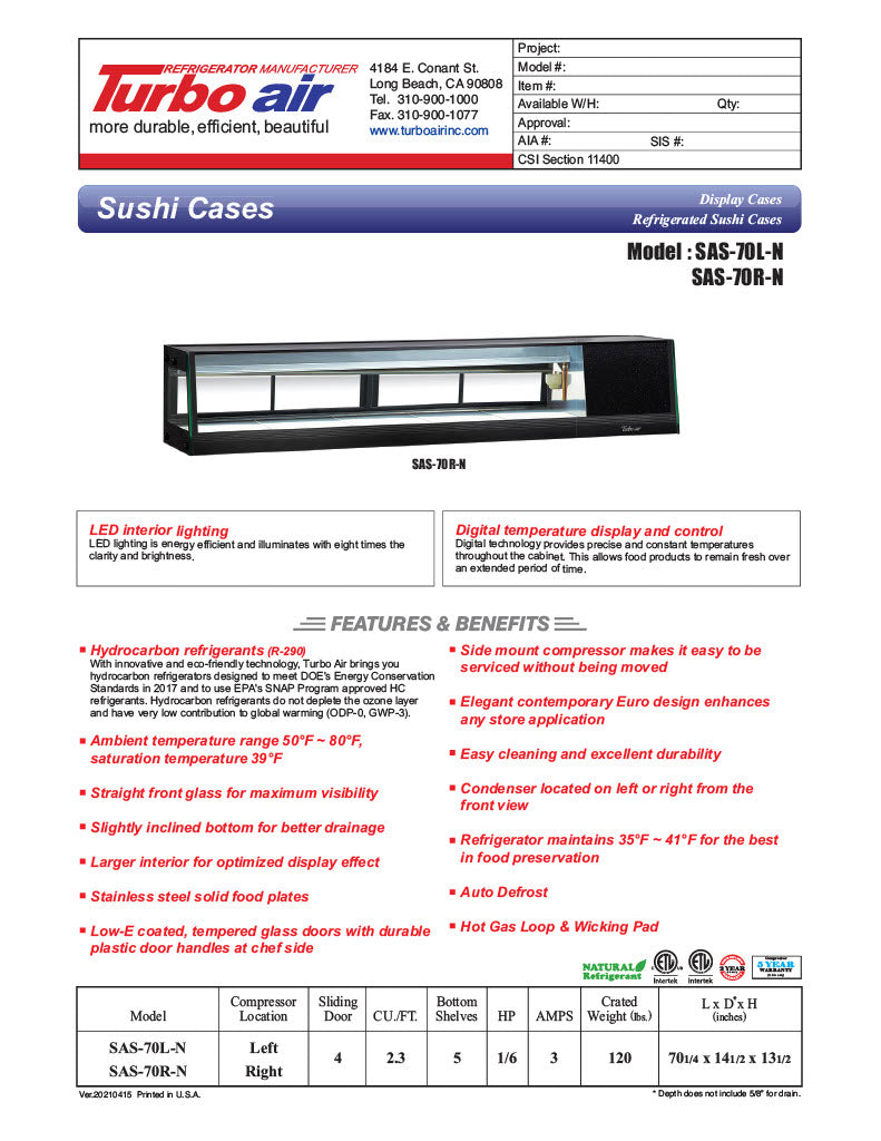 Turbo Air SAS-70R-N 70" Straight Glass Refrigerated Food/Sushi Case - Right Side Compressor - Donut-Equipment.com