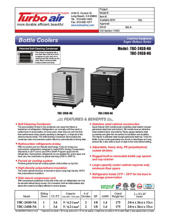 Turbo Air TBC-24SB-N6 24" Super Deluxe Black Exterior Bottle or Can Cooler - Donut-Equipment.com