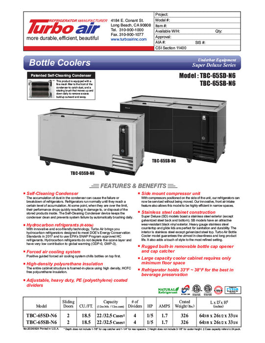Turbo Air TBC-65SD-N6 65" Forced Air Bottle Cooler - Holds (528) 12 oz Bottles, Stainless Interior, 115v - Donut-Equipment.com