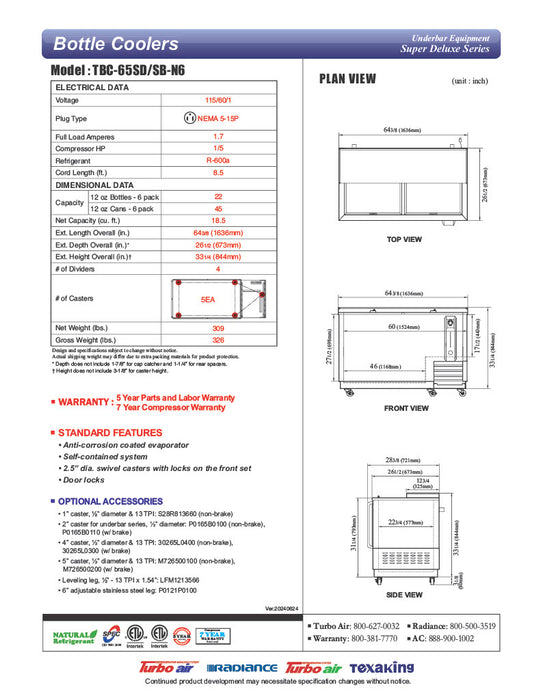 Turbo Air TBC-65SB-N6 65" Forced Air Bottle Cooler - Holds (528) 12 oz Bottles, Stainless Interior, 115v - Donut-Equipment.com