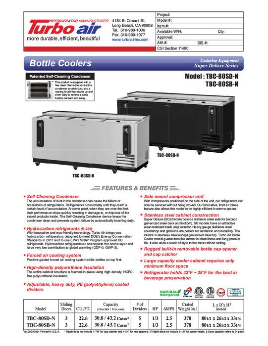 Turbo Air TBC-80SB-N 80 1/2" Forced Air Bottle Cooler - Holds (739) 12 oz Bottles, Black Laminated Exterior, 115v - Donut-Equipment.com