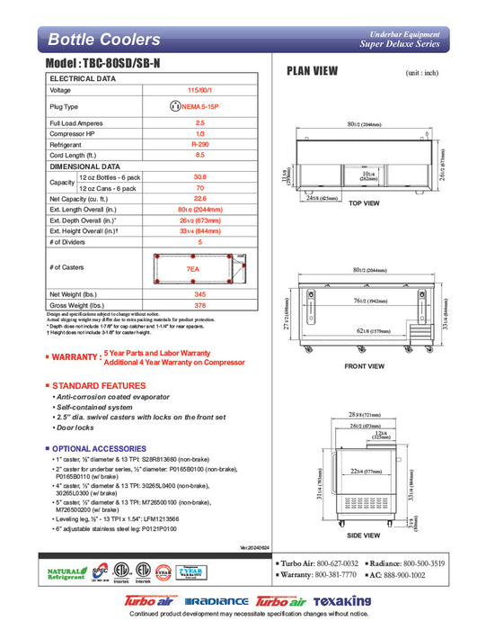 Turbo Air TBC-80SB-N 80 1/2" Forced Air Bottle Cooler - Holds (739) 12 oz Bottles, Black Laminated Exterior, 115v - Donut-Equipment.com