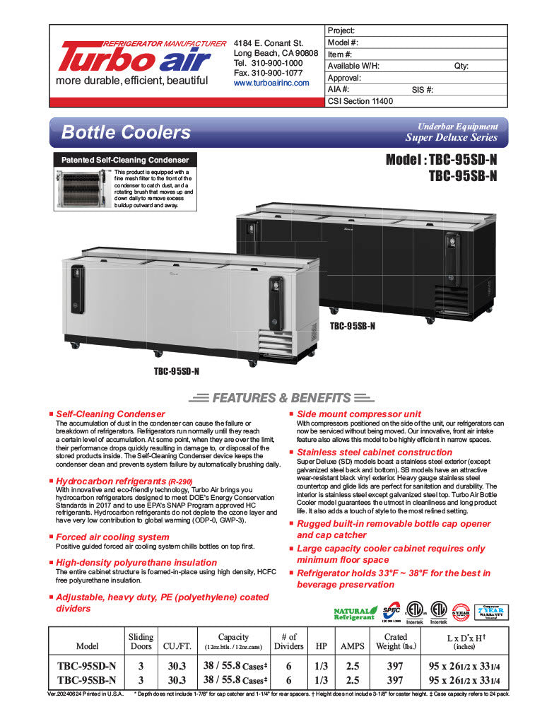 Turbo Air TBC-95SB-N 95" Forced Air Bottle Cooler - Holds (912) 12 oz Bottles, Black Laminated Exterior, 115v - Donut-Equipment.com