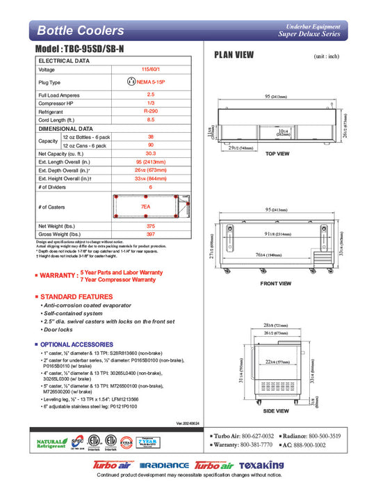 Turbo Air TBC-95SB-N 95" Forced Air Bottle Cooler - Holds (912) 12 oz Bottles, Black Laminated Exterior, 115v - Donut-Equipment.com