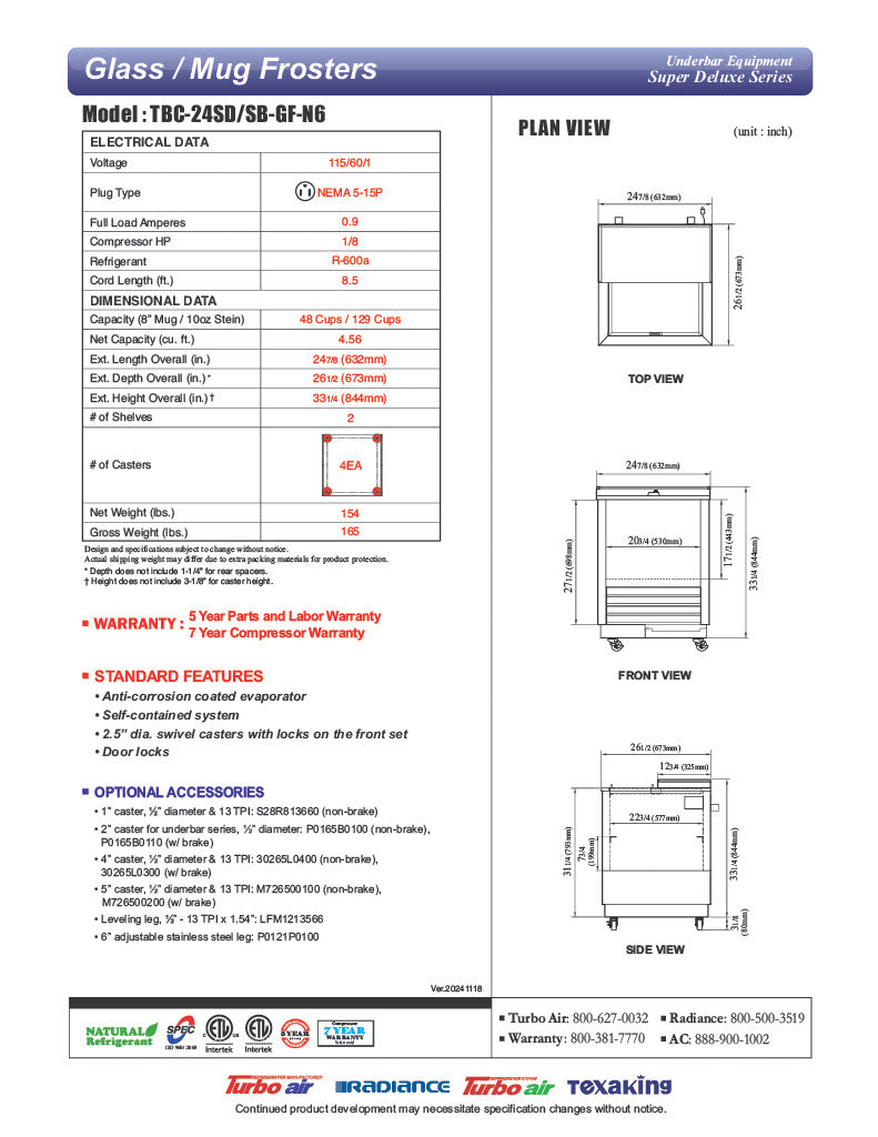 Turbo Air TBC-24SB-GF-N6 25" Black Laminate Exterior, Glass Froster - Donut-Equipment.com