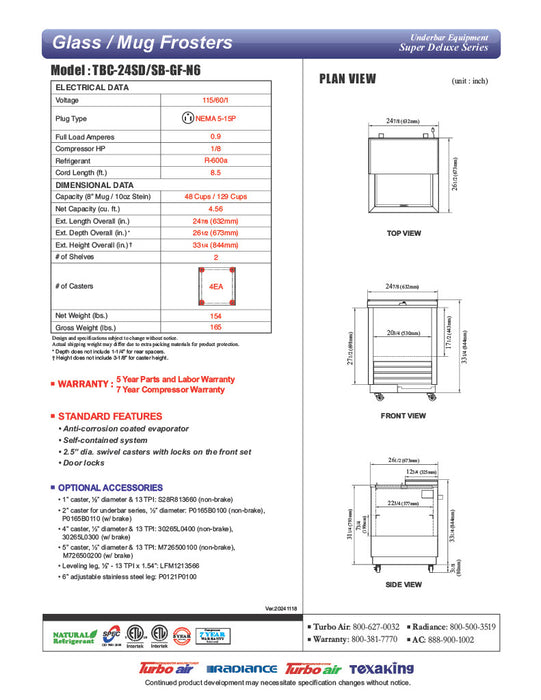 Turbo Air TBC-24SB-GF-N6 25" Black Laminate Exterior, Glass Froster - Donut-Equipment.com
