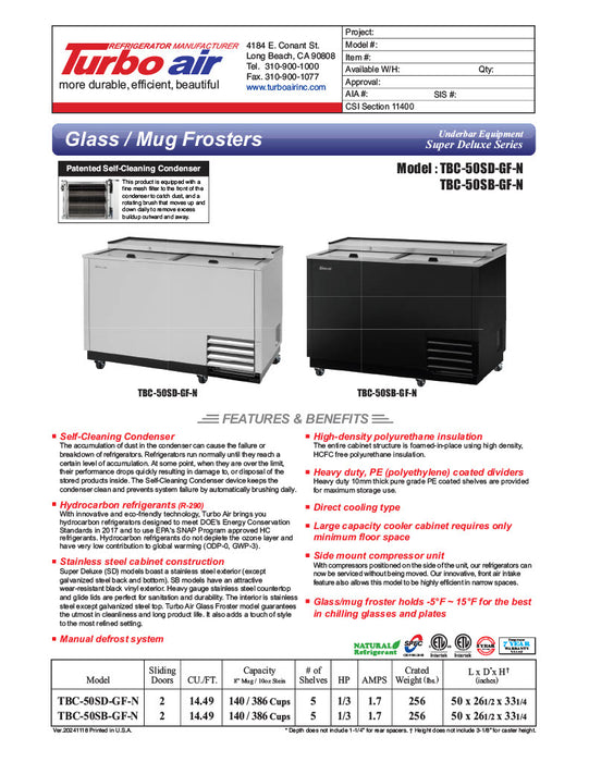 Turbo Air TBC-50SD-GF-N 50" 2-Section Glass Chiller – 140 Mug Capacity, Stainless Steel, 115v - Donut-Equipment.com