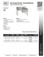 BK Resources Stainless Steel 1 Compartment Sink w/ 10" Riser & Left Drainboard – 20"L x 16"W x 14"D Bowl - Donut-Equipment.com