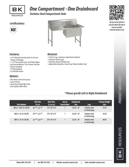 BK Resources Stainless Steel 1 Compartment Sink w/ 10" Riser & Left Drainboard – 20"L x 16"W x 14"D Bowl - Donut-Equipment.com