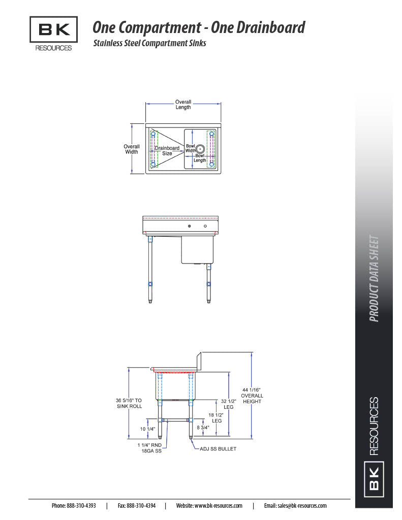BK Resources Stainless Steel 1 Compartment Sink w/ 10" Riser & Right Drainboard – 20"L x 16"W x 14"D Bowl - Donut-Equipment.com