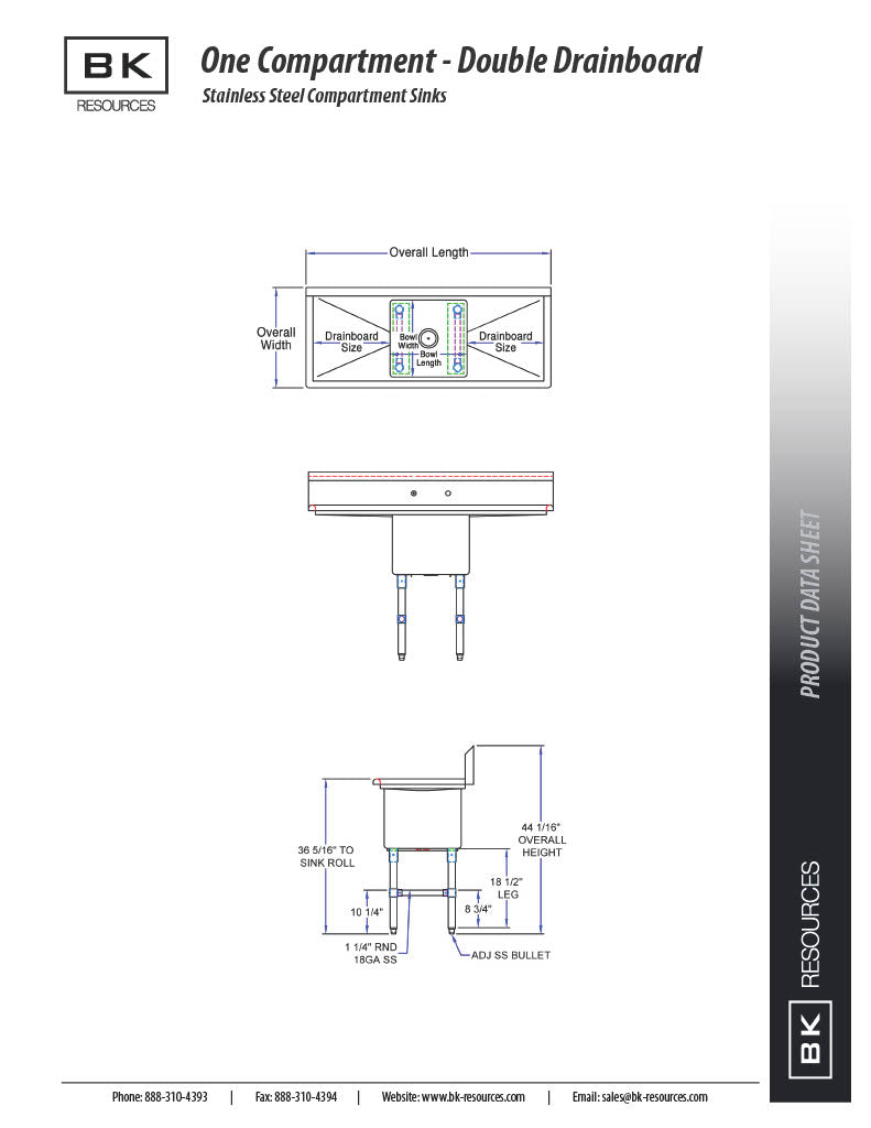 BK Resources Stainless Steel 1 Compartment Sink w/ 10" Riser & Dual Drainboards – 20"L x 16"W x 14"D Bowl - Donut-Equipment.com